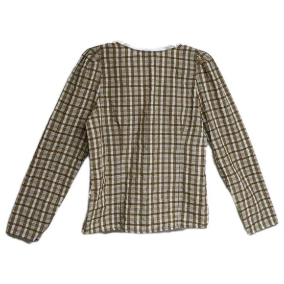 Madewell Top Women 4 Plaid 100% Cotton Button Front V-Neck Beige & White - Picture 2 of 8